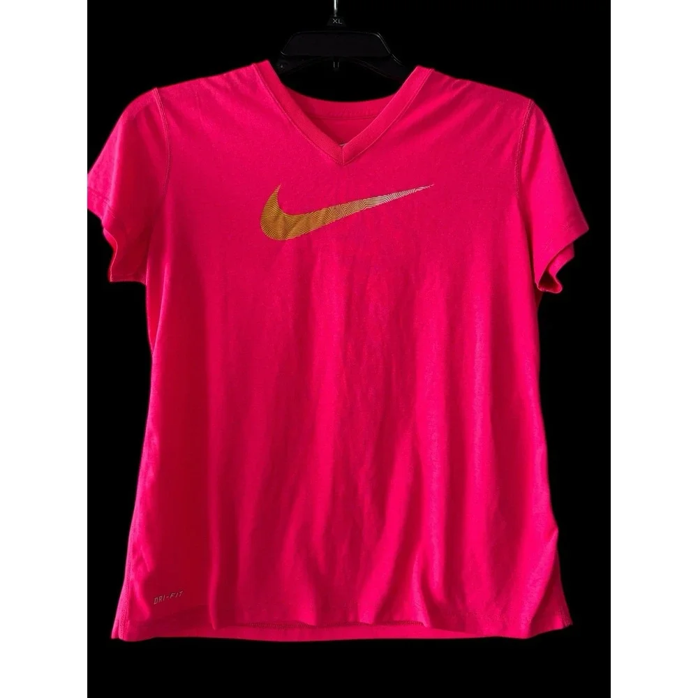 Nike Girls T Shirt Size XL X‎ Large Pink Short Sleeve Dri Fit V Neck